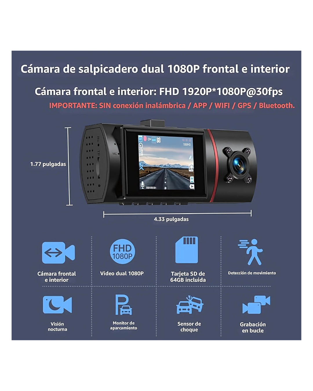Cámara de tablero doble frontal e interior con tarjeta de 64 GB
